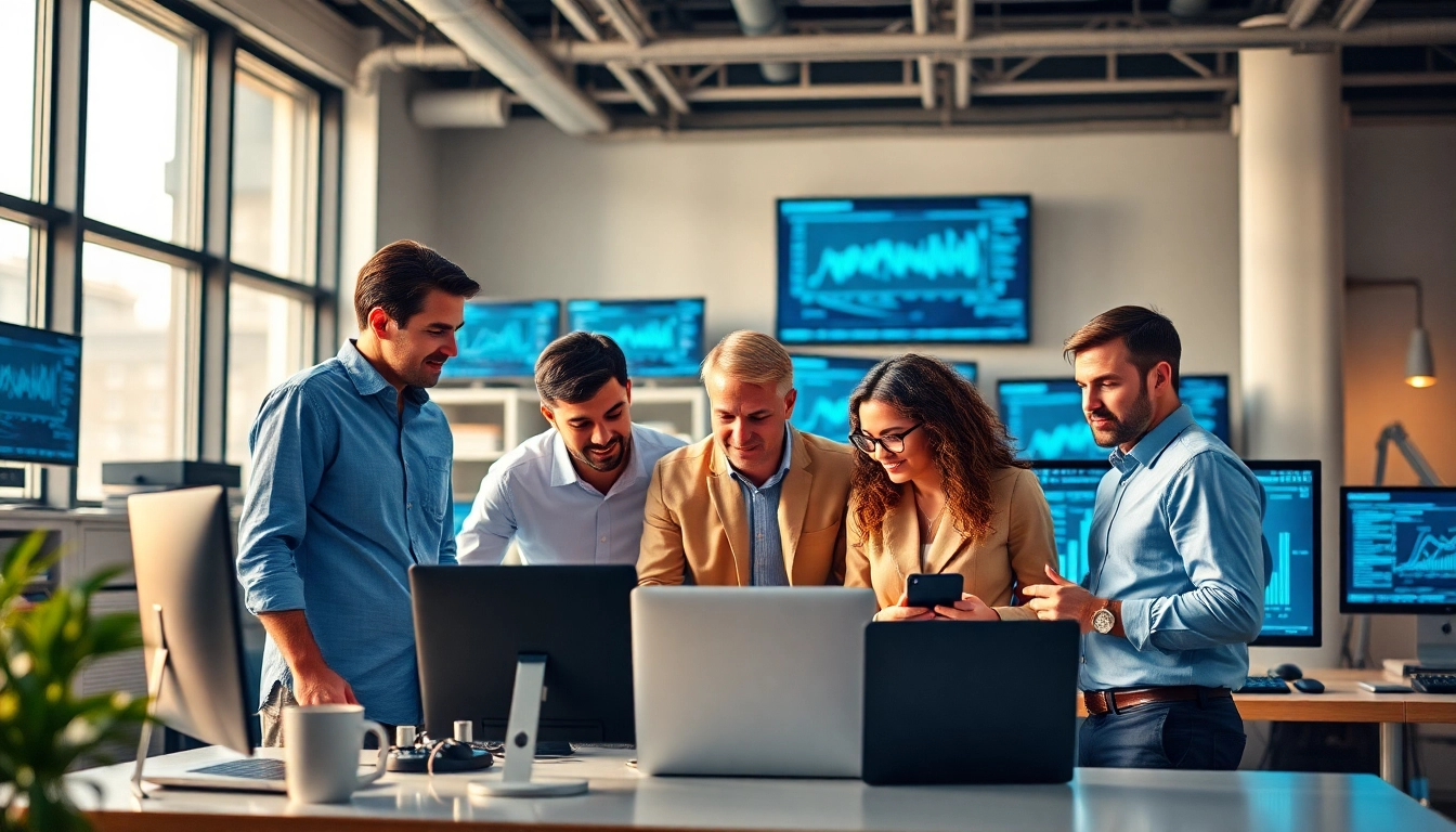 Managed IT provider team collaborating in a modern office environment showcasing technology solutions.