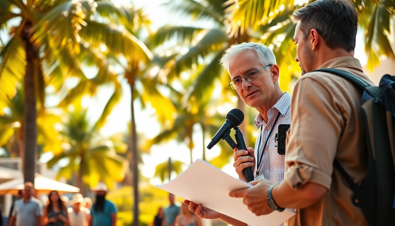 Covering fort myers news, a journalist interacts with locals against a sunny palm tree backdrop.