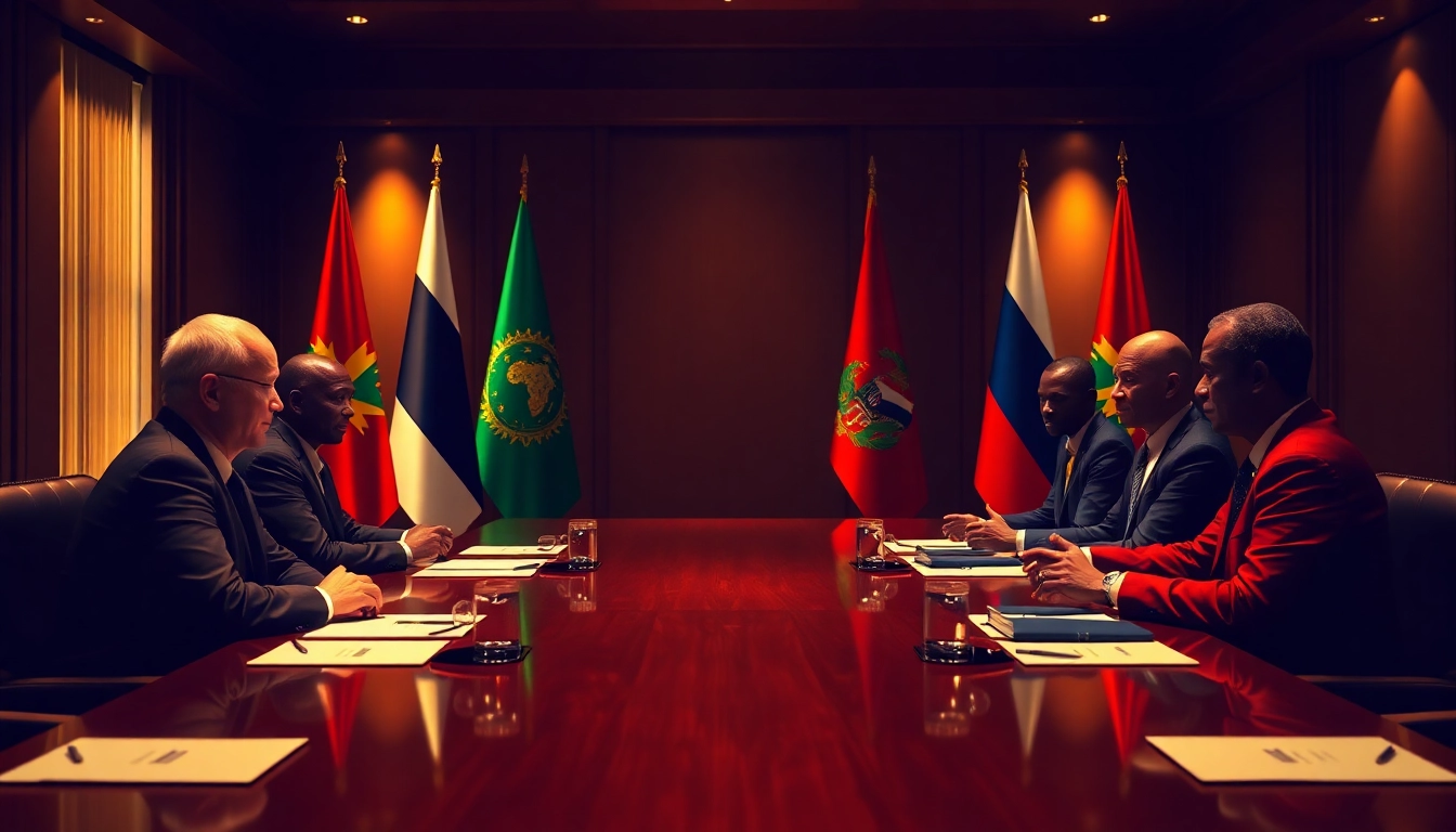 Illustrate cooperation Russie Afrique with leaders from Russia and Africa discussing trade agreements.