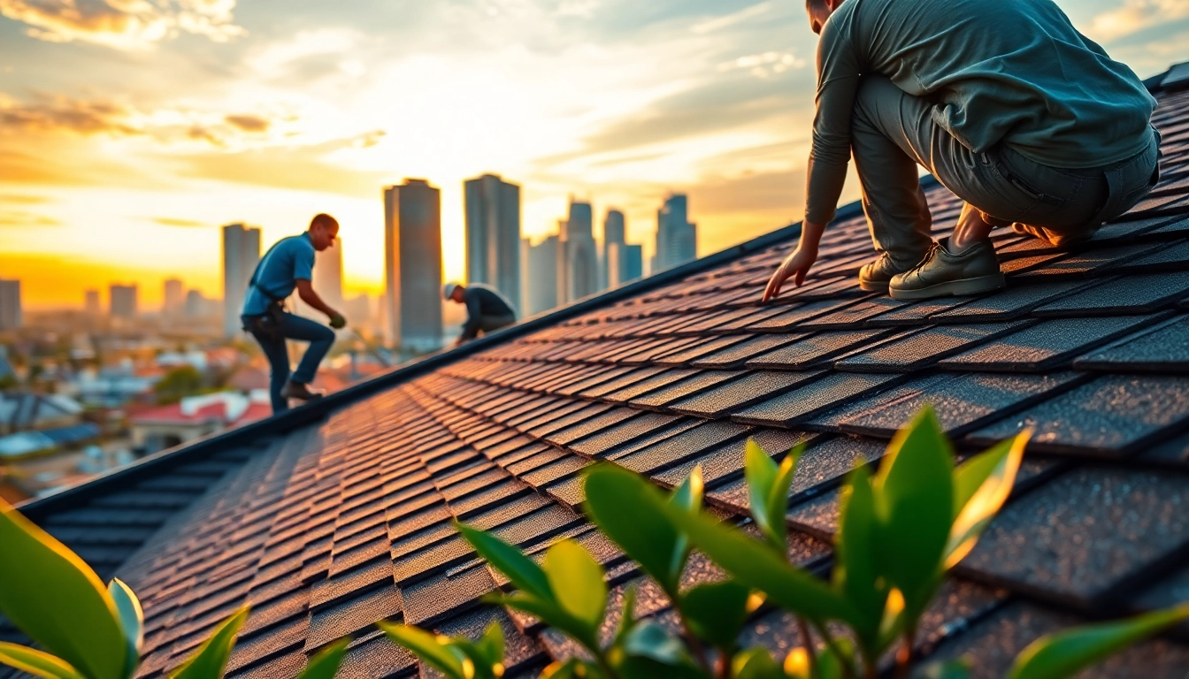 Enhance your home with Roof Remodeling Singapore displaying skilled workers and urban skyline.