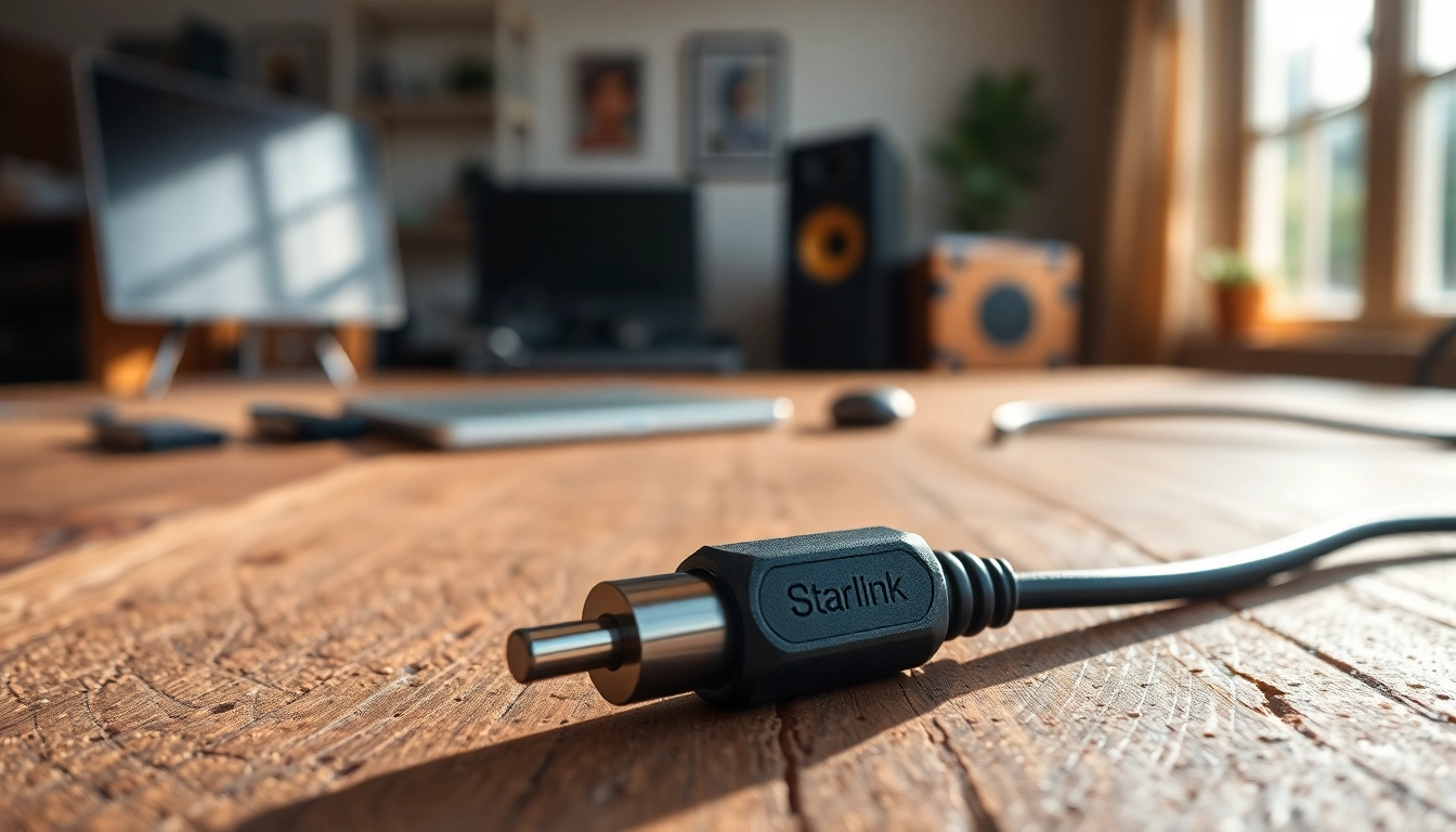 Highlighting the starlink mini 12v cable with textures and warm lighting in a tech workspace.