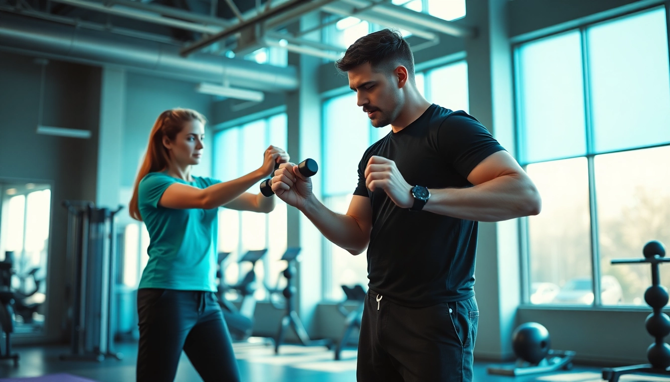 Engaged personal trainer near me assisting a client during a workout session.
