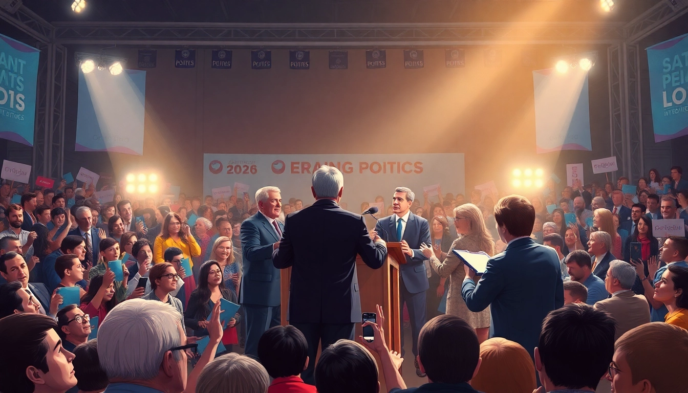 Politicians engaging in a heated discussion about current politics at a lively debate stage.