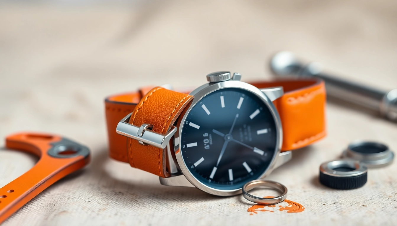 Showcase an orange watch strap featuring detailed stitching and a polished buckle on a stylish wristwatch.