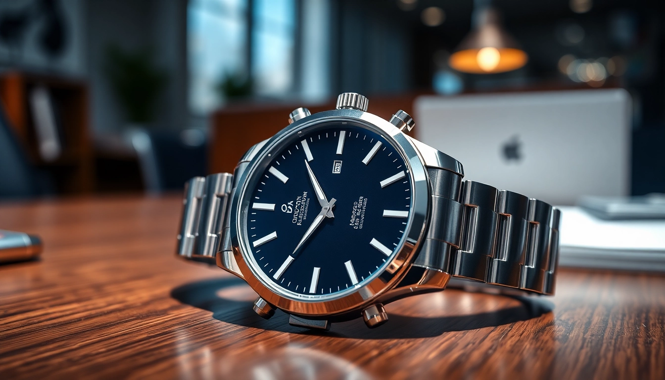 Herren Armbanduhren - Elegante Armbanduhr auf einem Schreibtisch, unterstreicht Luxus.