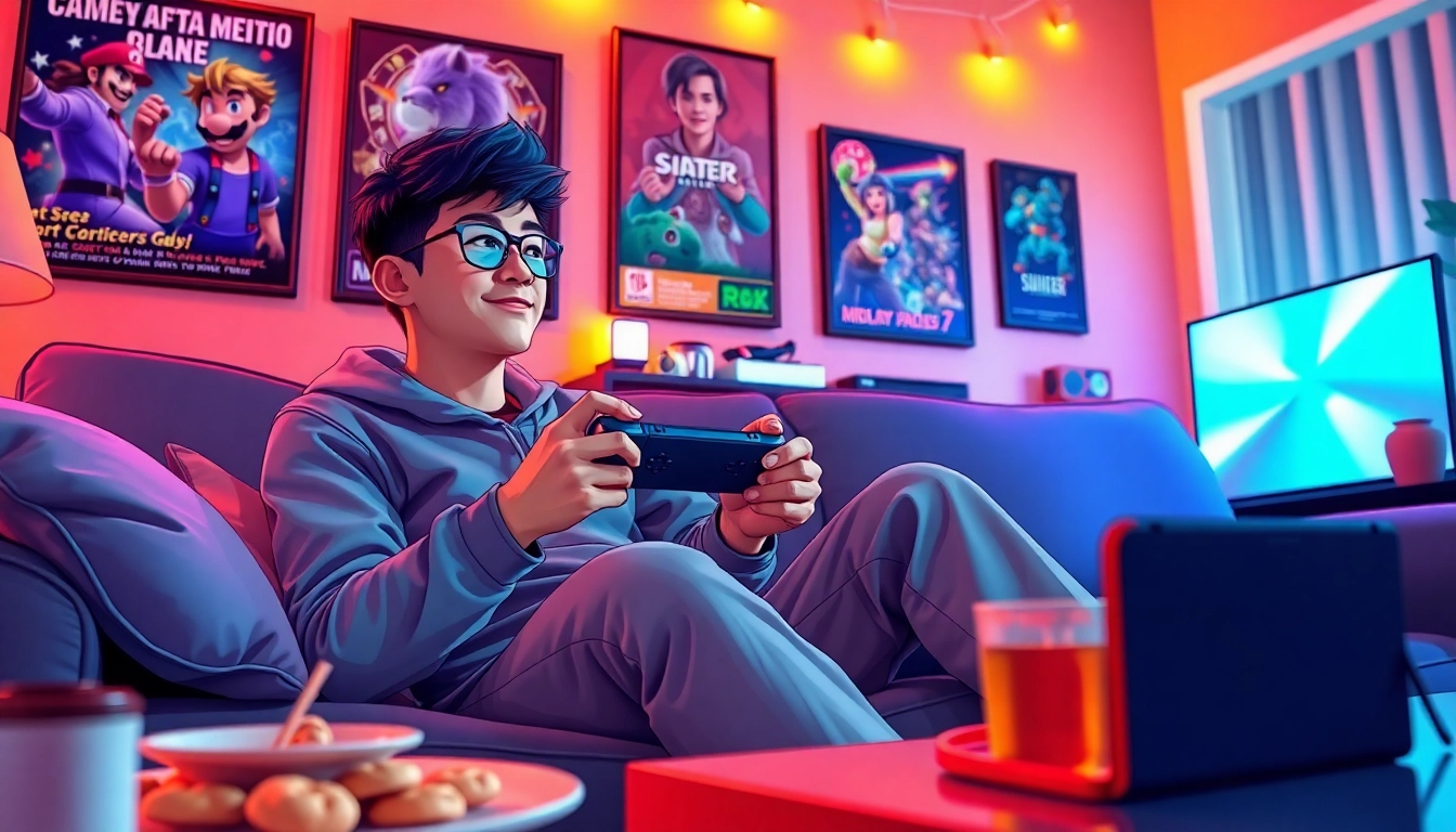 Gamers enjoying various Nintendo Switch games in a cozy living room setup.