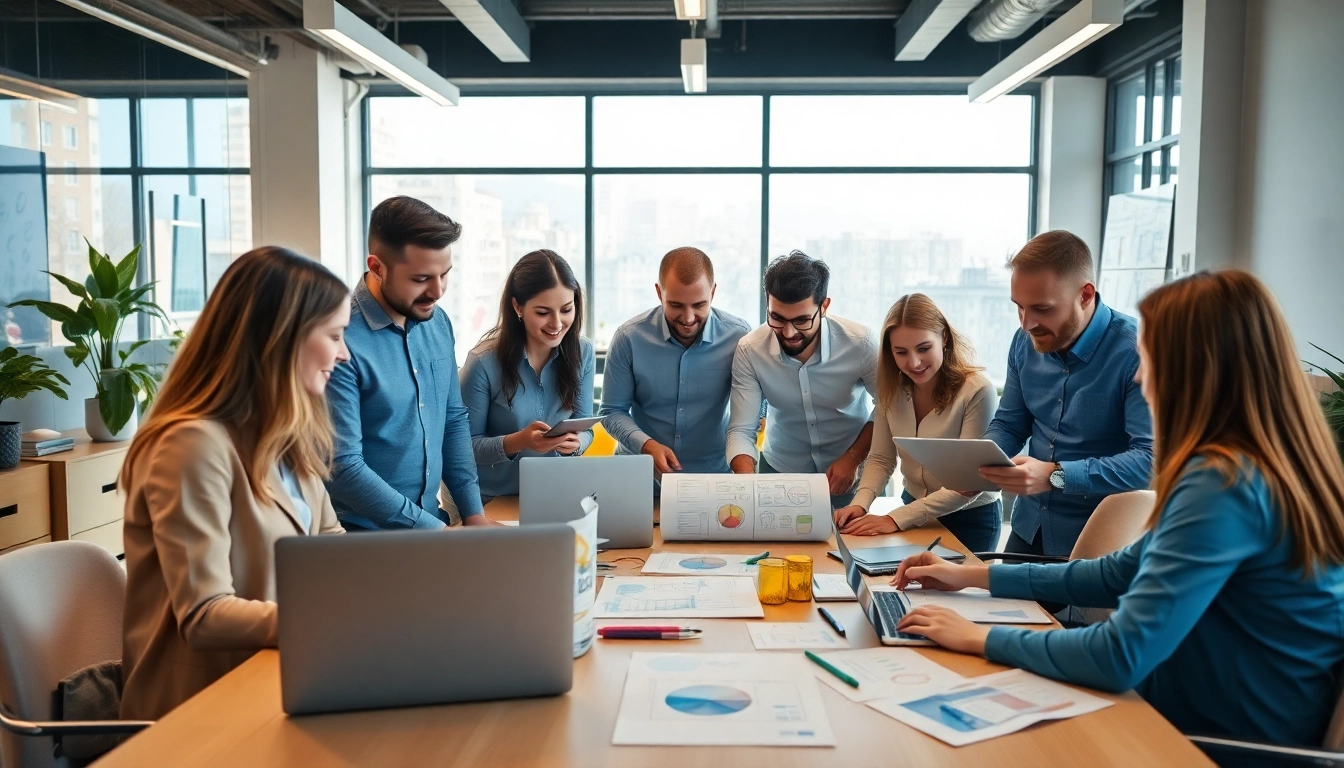 Creazione sito web agenzia con un team di professionisti collaborando in un ambiente moderno e luminoso.