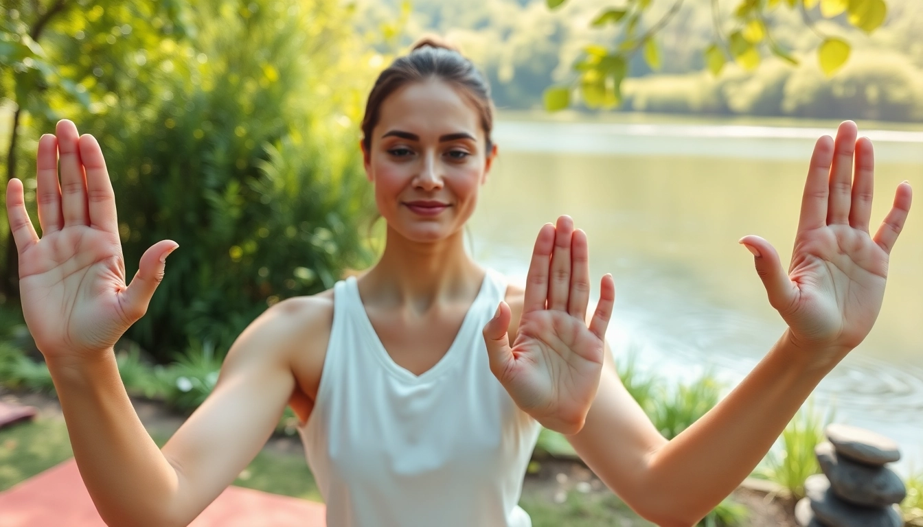Demonstrating various yoga mudras with serene nature background during yoga practice.