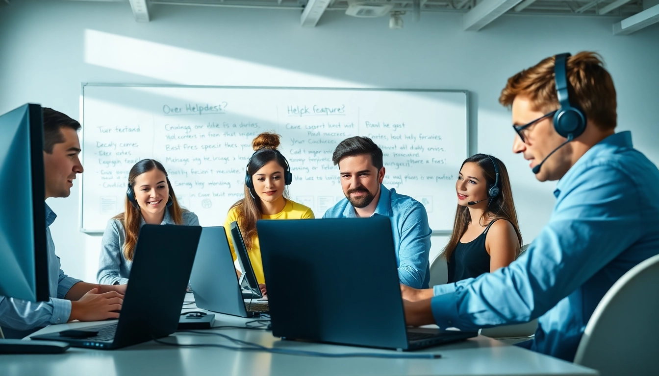 Helpdesk support professionals collaborating effectively in a bright office.