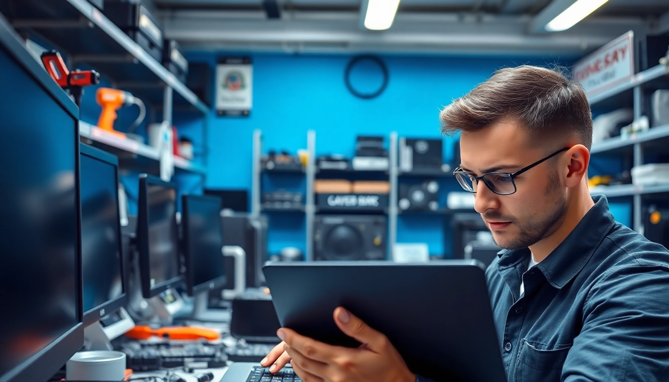 Professional tech support providing computer help near me in a modern repair environment.