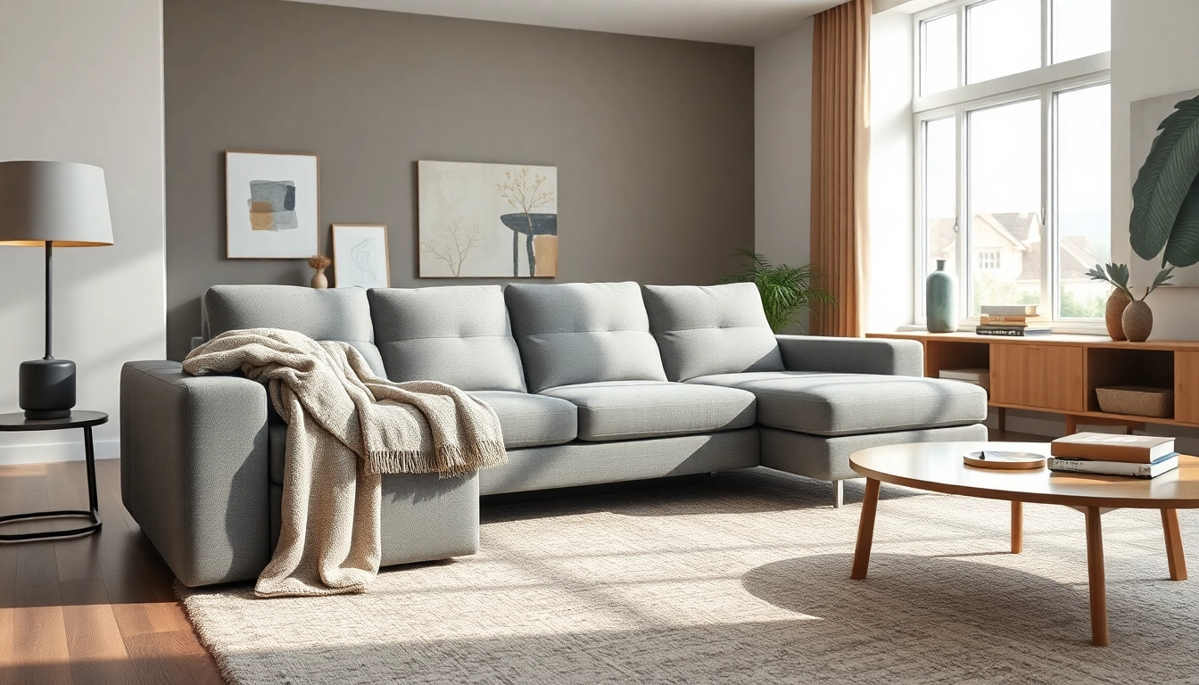Modern ecksofa mit schlaffunktion in einem stilvollen Wohnzimmer mit natürlichem Licht.