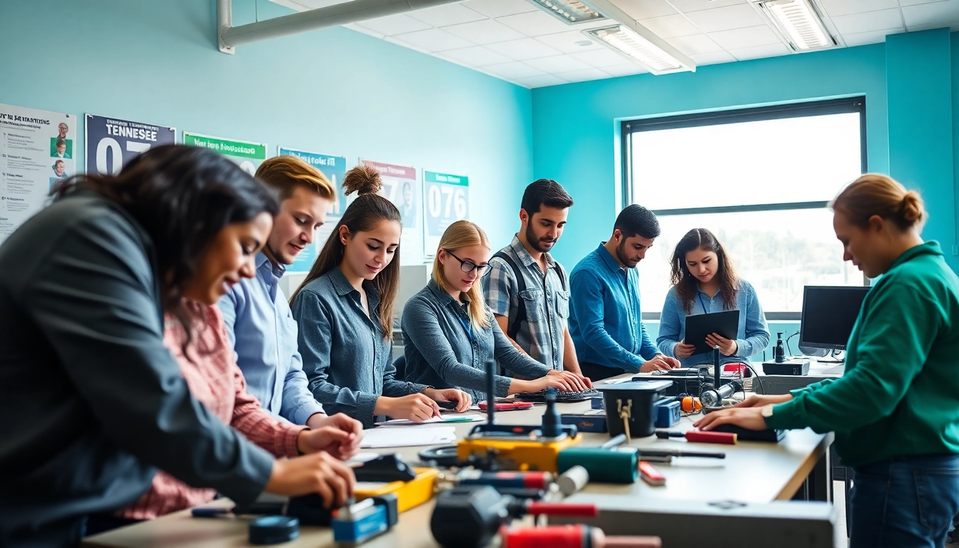 Students in a trade school in Tennessee working collaboratively on technical training skills.