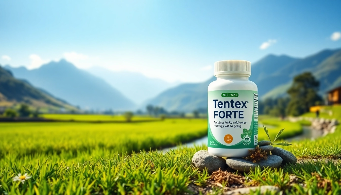 Showcase how टेंटेक्स फोर्ट कितने दिन में असर दिखाता है through a vibrant health landscape featuring Tentex Forte tablet among natural elements.