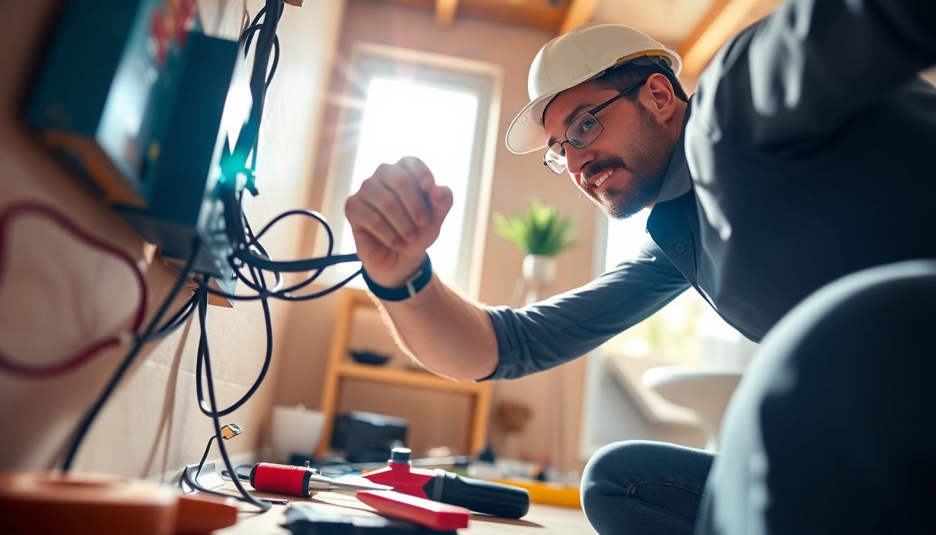 Electrician connecting wires in a bright, modern home, demonstrating skilled electrical work.