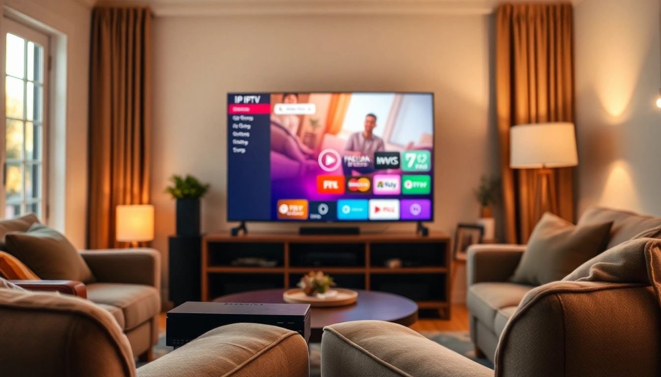 Comprar IPTV en una acogedora sala de estar con un televisor moderno y ambiente cálido.
