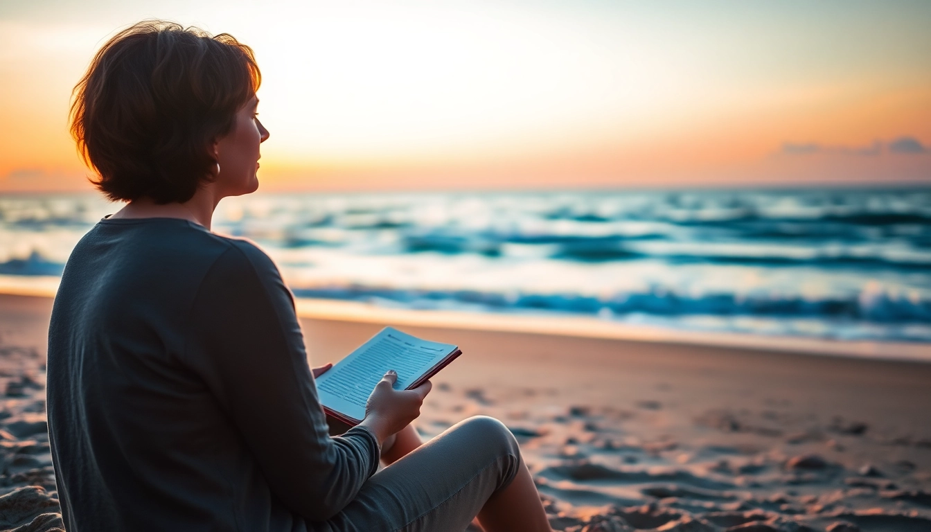 Reflecting on dealing with grief at a serene beach during sunset, symbolizing healing.