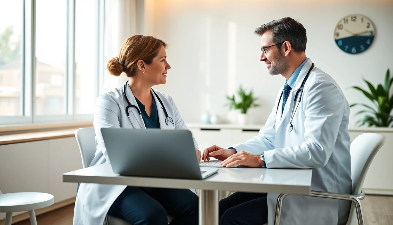 Concierge care physicians engaging with patients in a welcoming medical office.