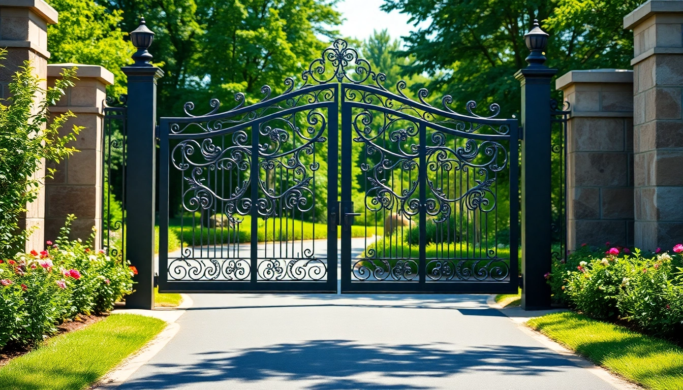 Admire custom steel gates featuring intricate designs in a beautifully landscaped garden setting.