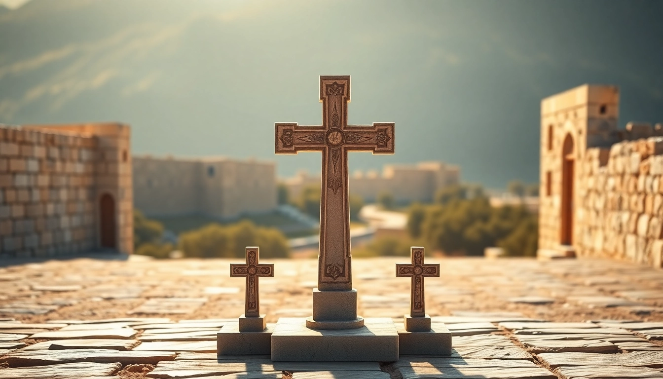 Showcase Jerusalem crosses displayed beautifully against a serene historical backdrop.
