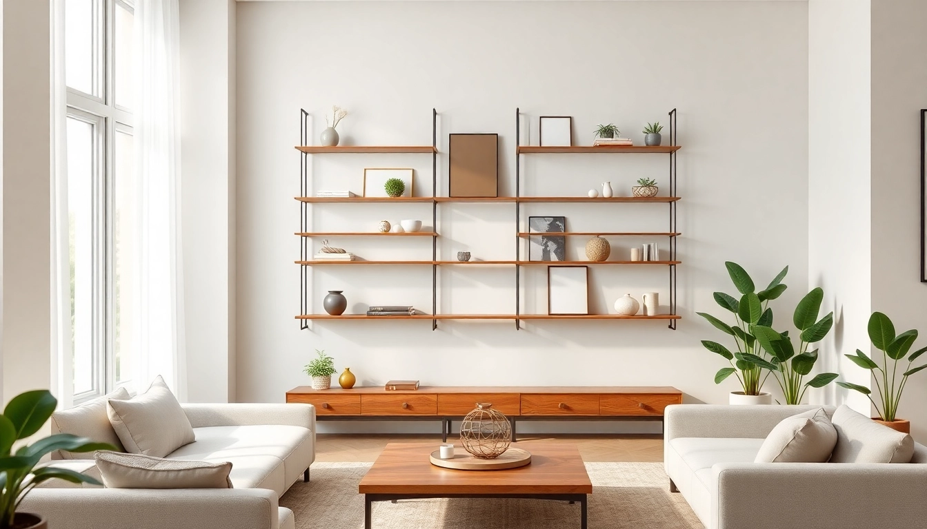 Showcase of a Minimalist wall rack in a modern living room, emphasizing clean design.