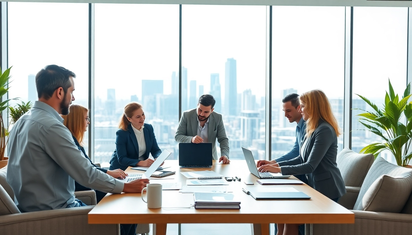 Engaged team of Quickplus Business Consultants collaborating in a modern office.