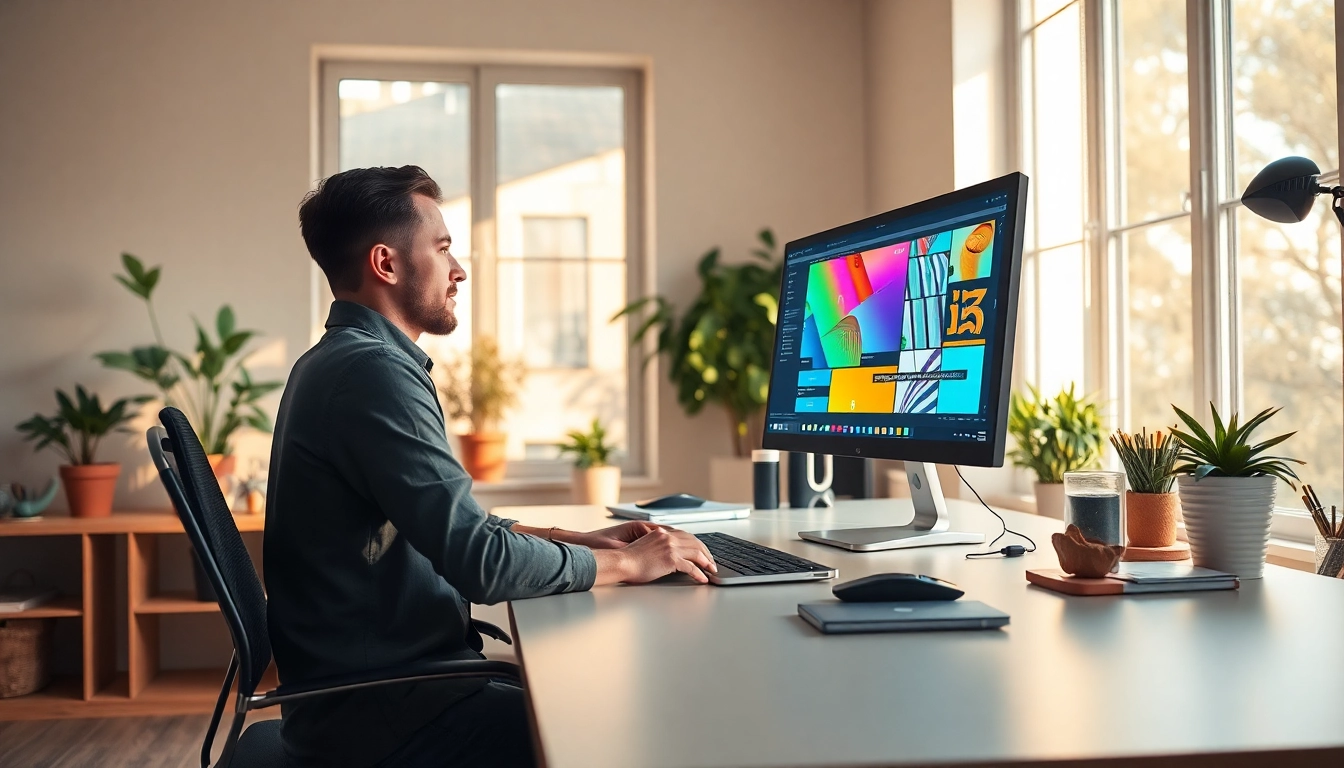 Creating artistic graphics with dawn digital tools in a modern workspace.